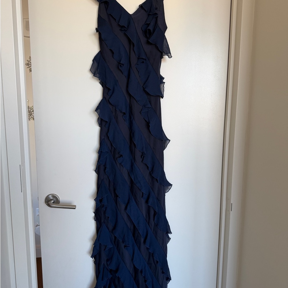 BSB Collection Navy Blue Ruffled Maxi Dress, Size EU 38